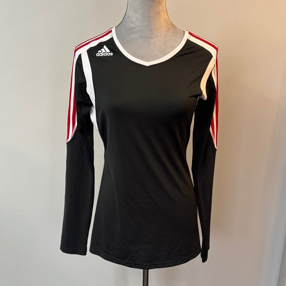adidas Women's Black Long-Sleeve Athletic top with Red stripe logo EUC S